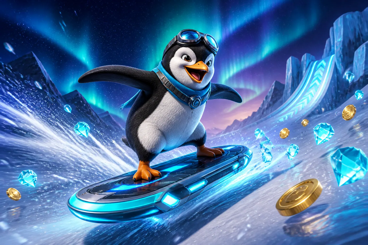 Pinguim surfando na pista de gelo sob a aurora polar